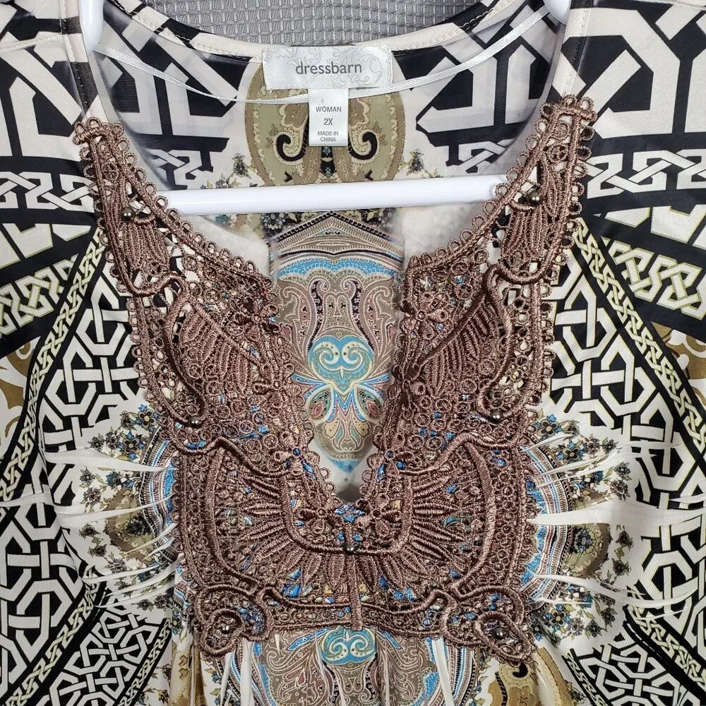 Dressbarn Womens 2X Boho Paisley Print Top With Beaded Neckline - Picture 8 of 10